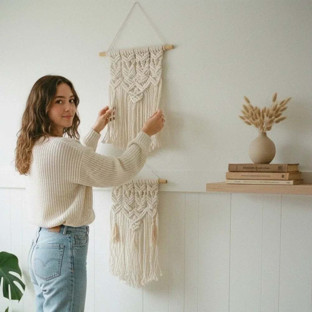 Boho Macrame Wall Hanging Set of 2 – Off-White/Cream Handmade Fiber Art